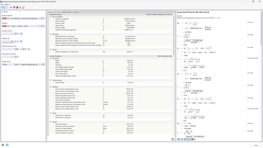 Anzeige der in Ingenieurprojekten verwendeten Nachweisformeln mit deutlicher Angabe der entsprechenden Normen.