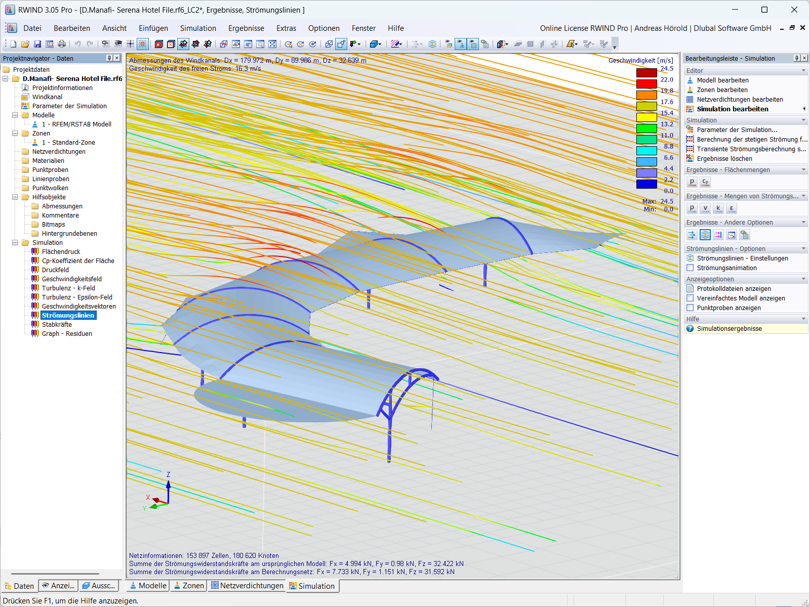 Visualisierung der Windbelastung auf einer Membranstruktur, dargestellt in einer CFD-Analyse.