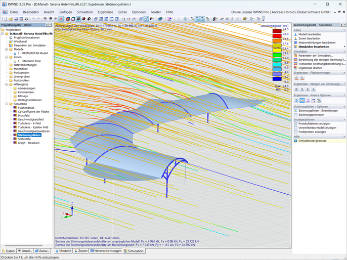 Visualisierung der Windbelastung auf einer Membranstruktur, dargestellt in einer CFD-Analyse.