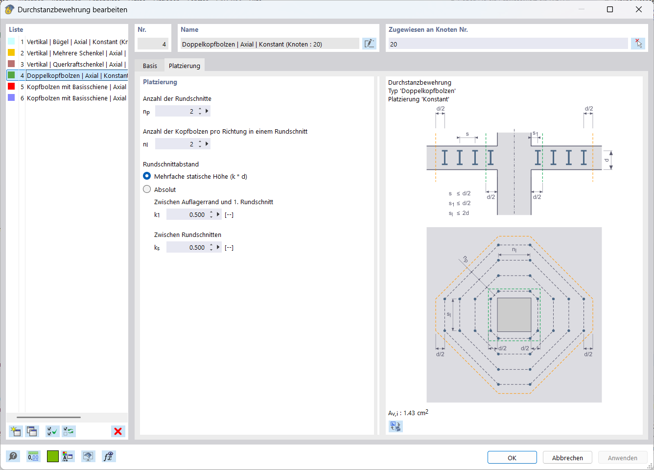 Darstellung der Durchstanzbewehrung nach ACI und CSA