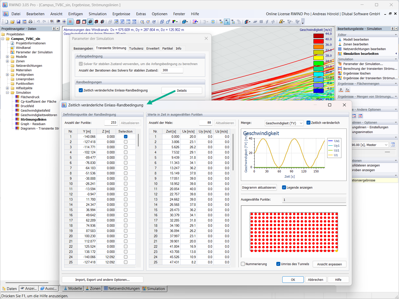 Simulation mit transienter Randbedingung am Tunneleinlass zur Definition variabler Windgeschwindigkeiten an mehreren Punkten.
