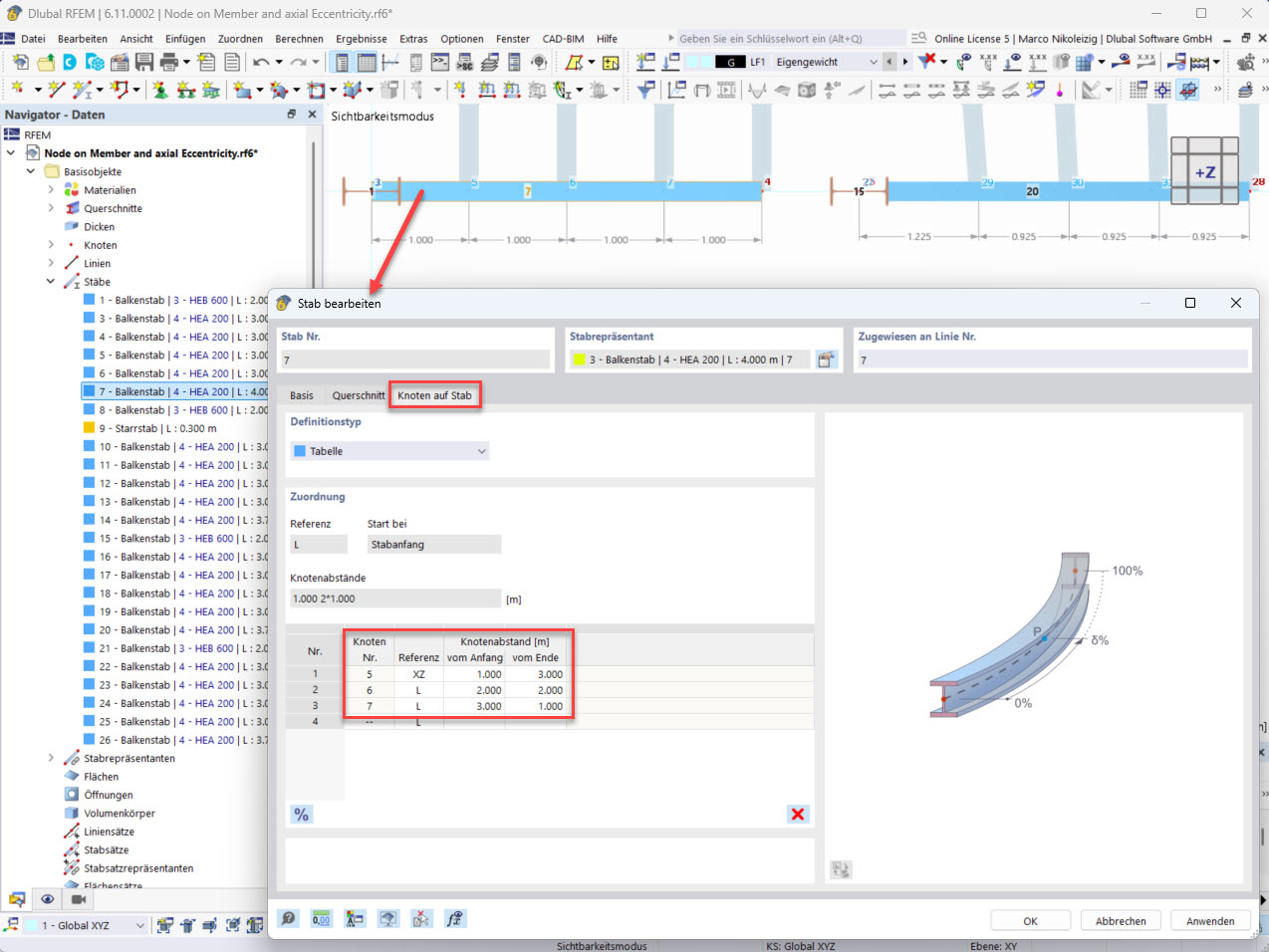 Definition der 'Knoten auf Stab' auf dem ursprünglichen Stab ohne Exzentrizität