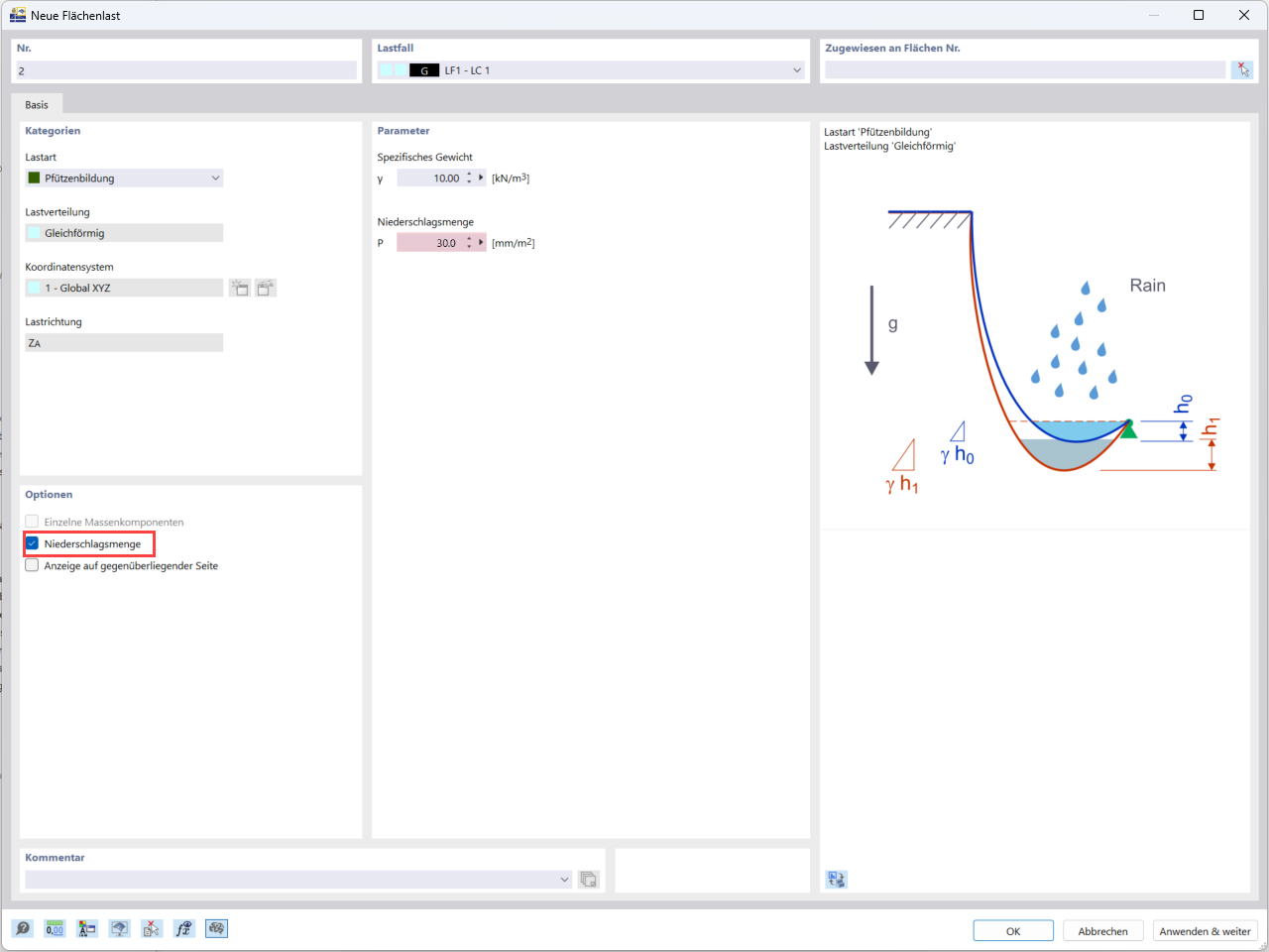Der RFEM 6-Dialog ermöglicht es Ingenieuren, Parameter für Staulasten festzulegen, die für die genaue Modellierung von Niederschlagsszenarien entscheidend sind.