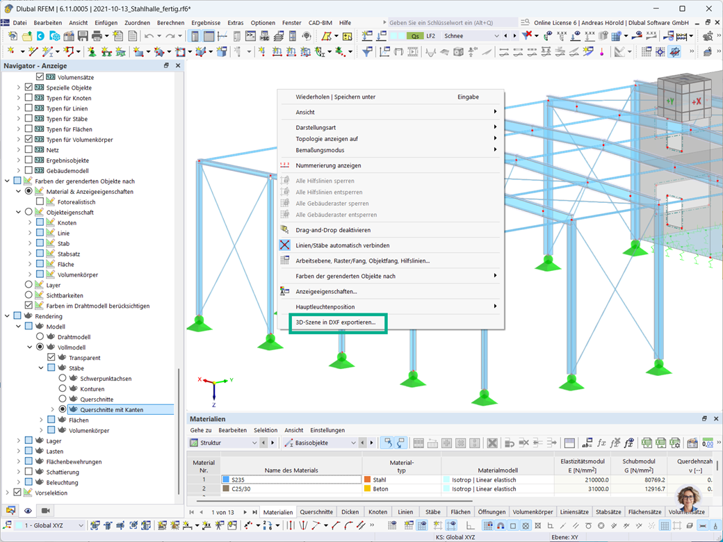 3D-Szenen in DXF-Dateien exportieren, inklusive Linien und Grafiken basierend auf Sichtbarkeiten im Rendering.