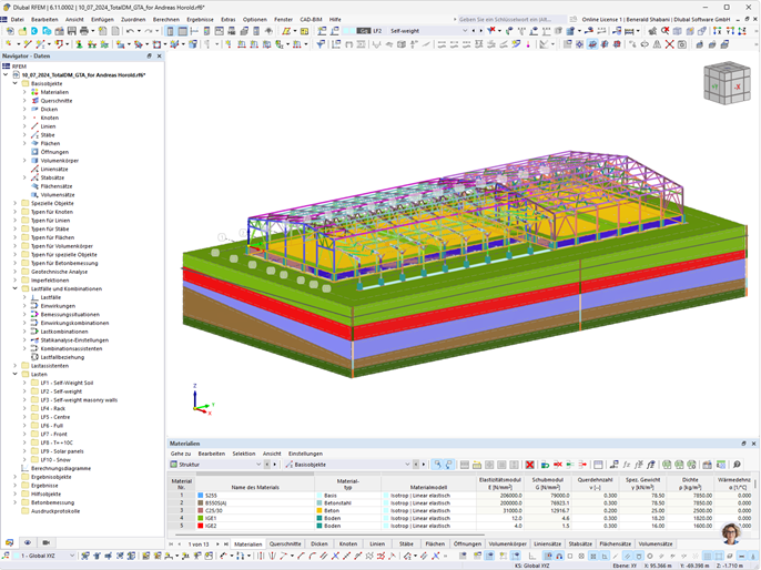RFEM-Modell mit Boden des Logistikcenters aus Stahl dargestellt.
