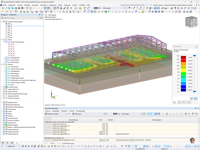 Verformungen der Bodenplatte in einem Logistikcenter, analysiert mit RFEM. Genaue Darstellung der Struktur wurde erfasst.