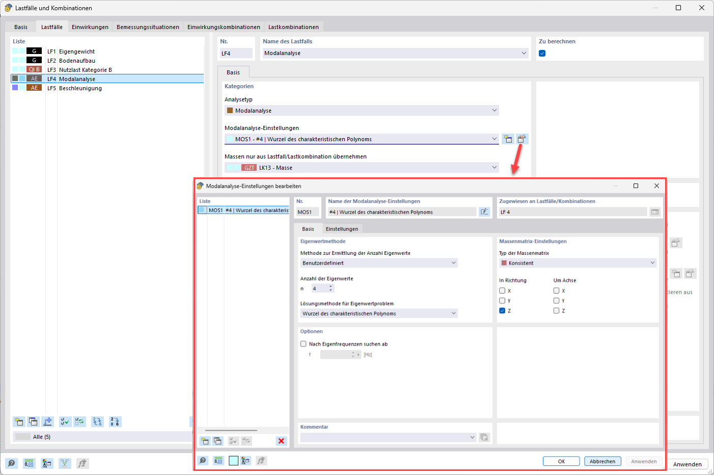 Bild zeigt Einstellungen der Modalanalyse in einer Software, um dynamische Verhaltensweisen zu erzeugen.