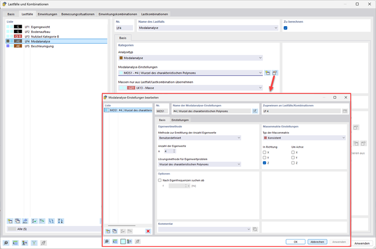 Bild zeigt Einstellungen der Modalanalyse in einer Software, um dynamische Verhaltensweisen zu erzeugen.