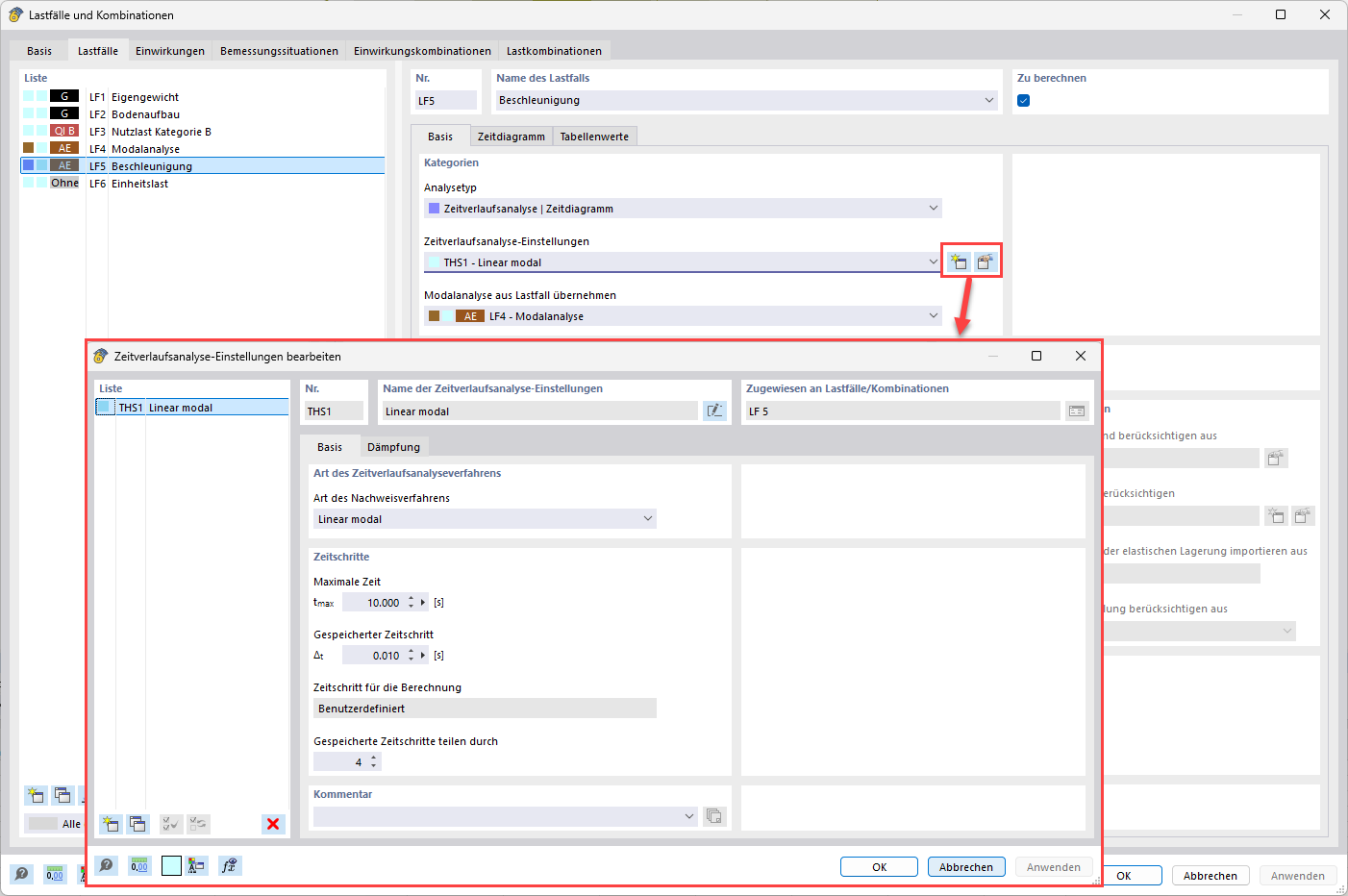 Ansicht der Einstellungen für das Zeitverlaufanalysemodul, zeigt konfigurierbare Parameter und Optionen.