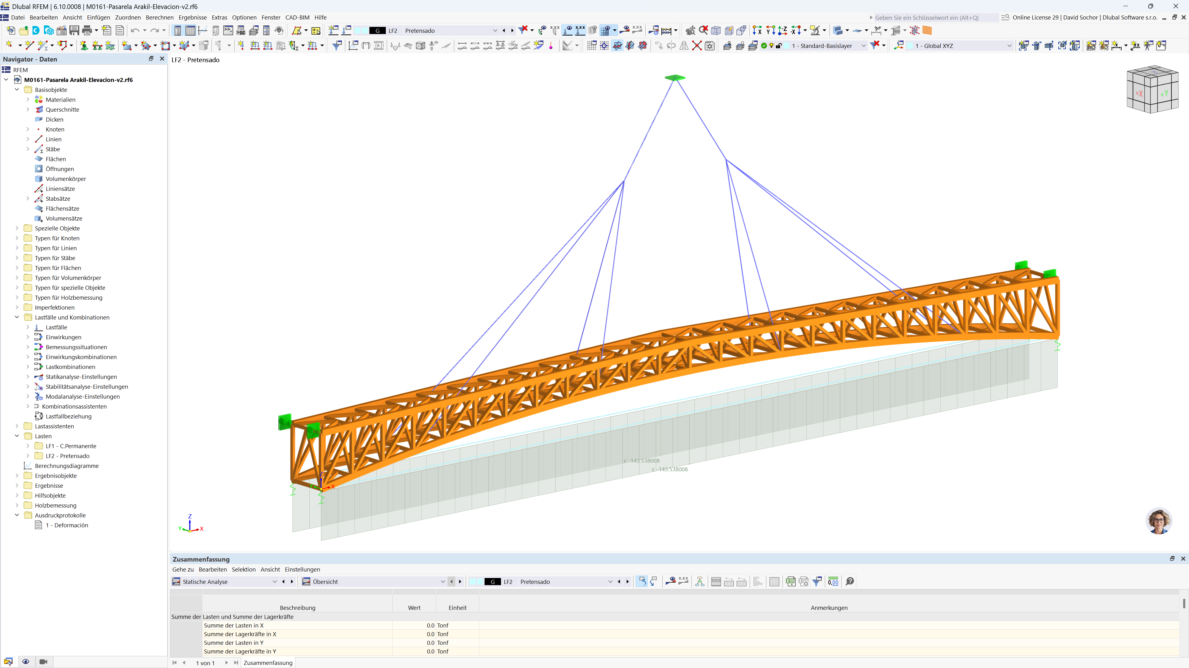 Statikmodell einer Fußgängerbrücke in RFEM 6 mit Details zum Auftrieb und zur Interaktion zwischen den Komponenten.