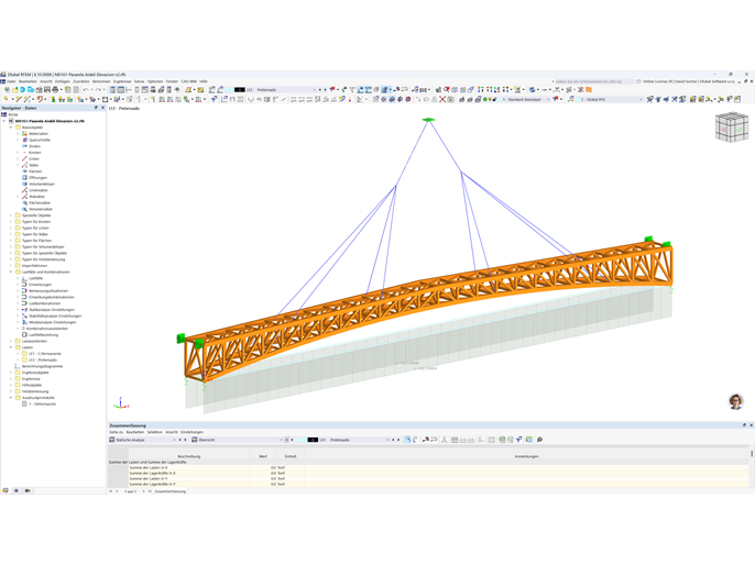 Statikmodell einer Fußgängerbrücke in RFEM 6 mit Details zum Auftrieb und zur Interaktion zwischen den Komponenten.