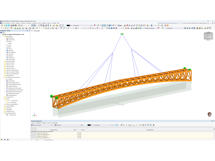 Statikmodell einer Fußgängerbrücke in RFEM 6 mit Details zum Auftrieb und zur Interaktion zwischen den Komponenten.
