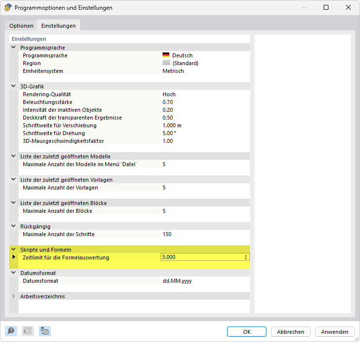 Zeitlimit für Formelauswertung anpassen