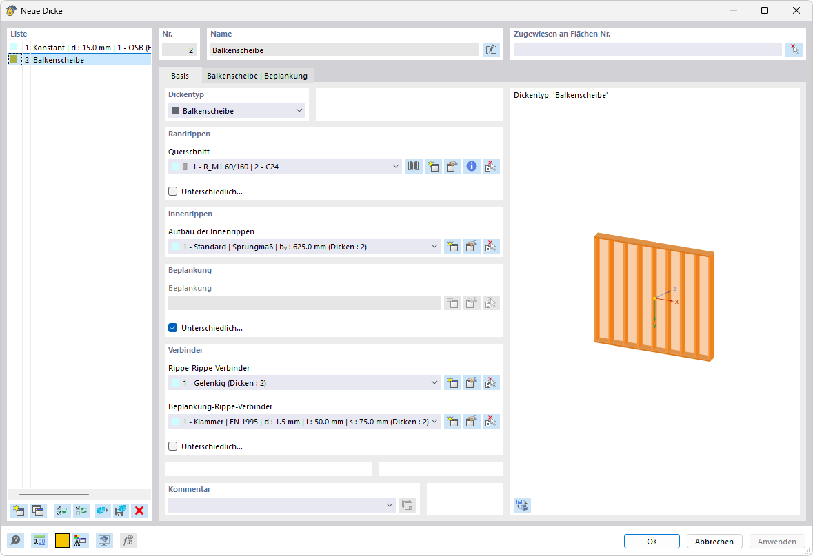 Dialog 'Neue Dicke', Dickentyp 'Balkenscheibe'