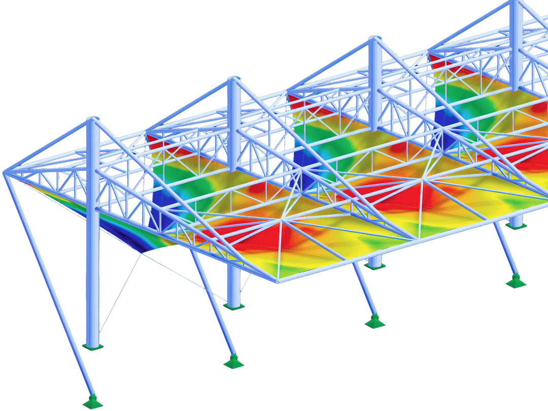 Ergebnisse der statischen Spannungsanalyse, dargestellt auf der Membranüberdachung der Tribüne der Universität Xuzhou, mit Hervorhebung der Zug- und Druckbereiche.
