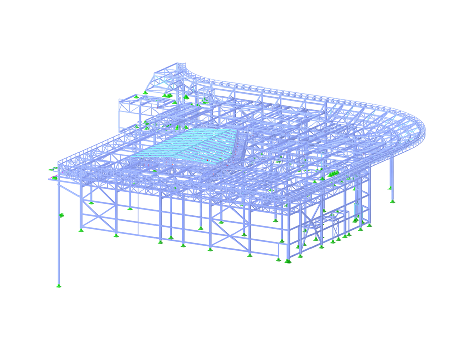 Stahlanbau mit Satteldach und Zugang zur Lüftung, teilweise mit Glasfassade.