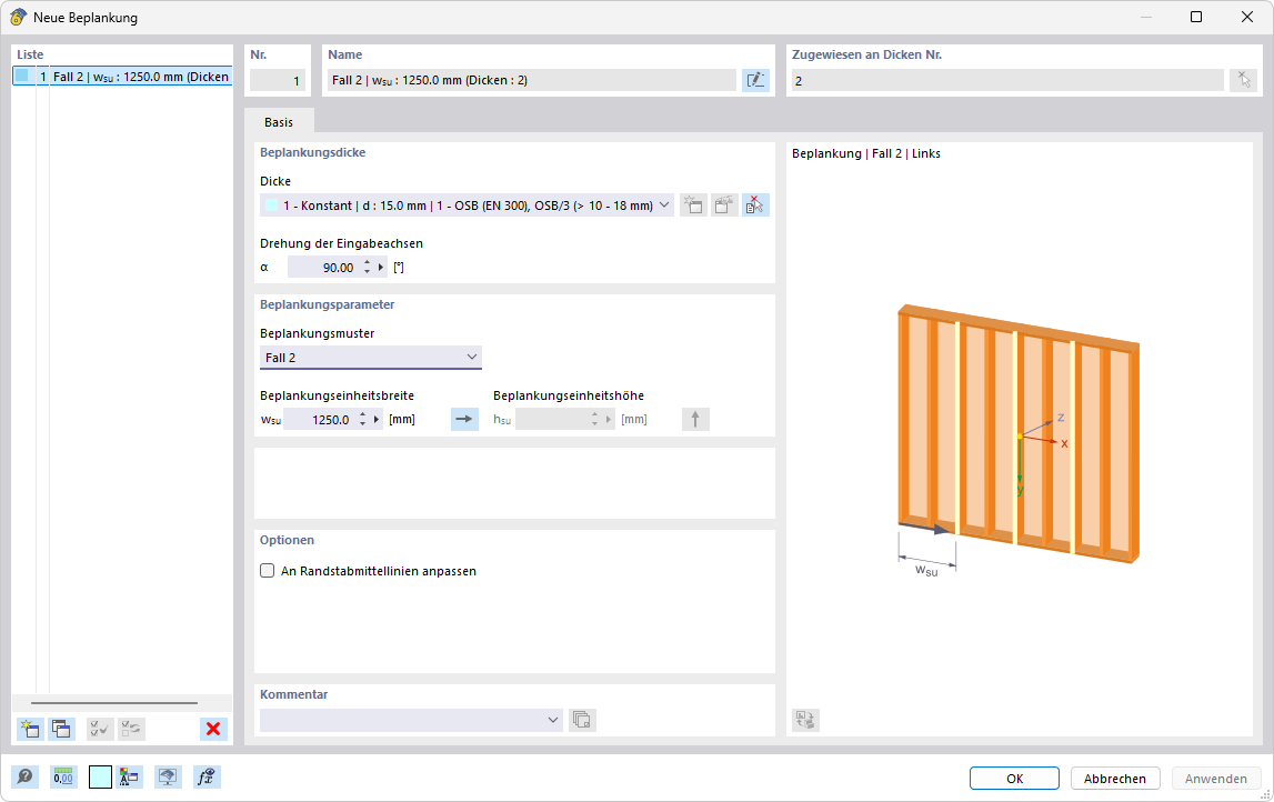 Dialog 'Neue Beplankung'