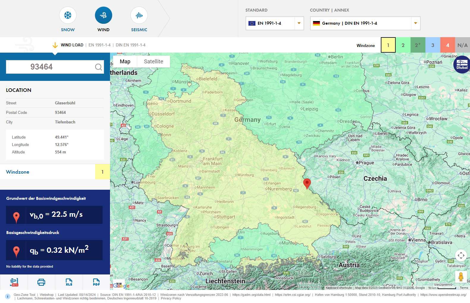 Das Geo-Zonen-Tool zeigt Windzonendaten für Standortorte an. Die Karte enthält detaillierte Windgeschwindigkeits- und Druckwerte.