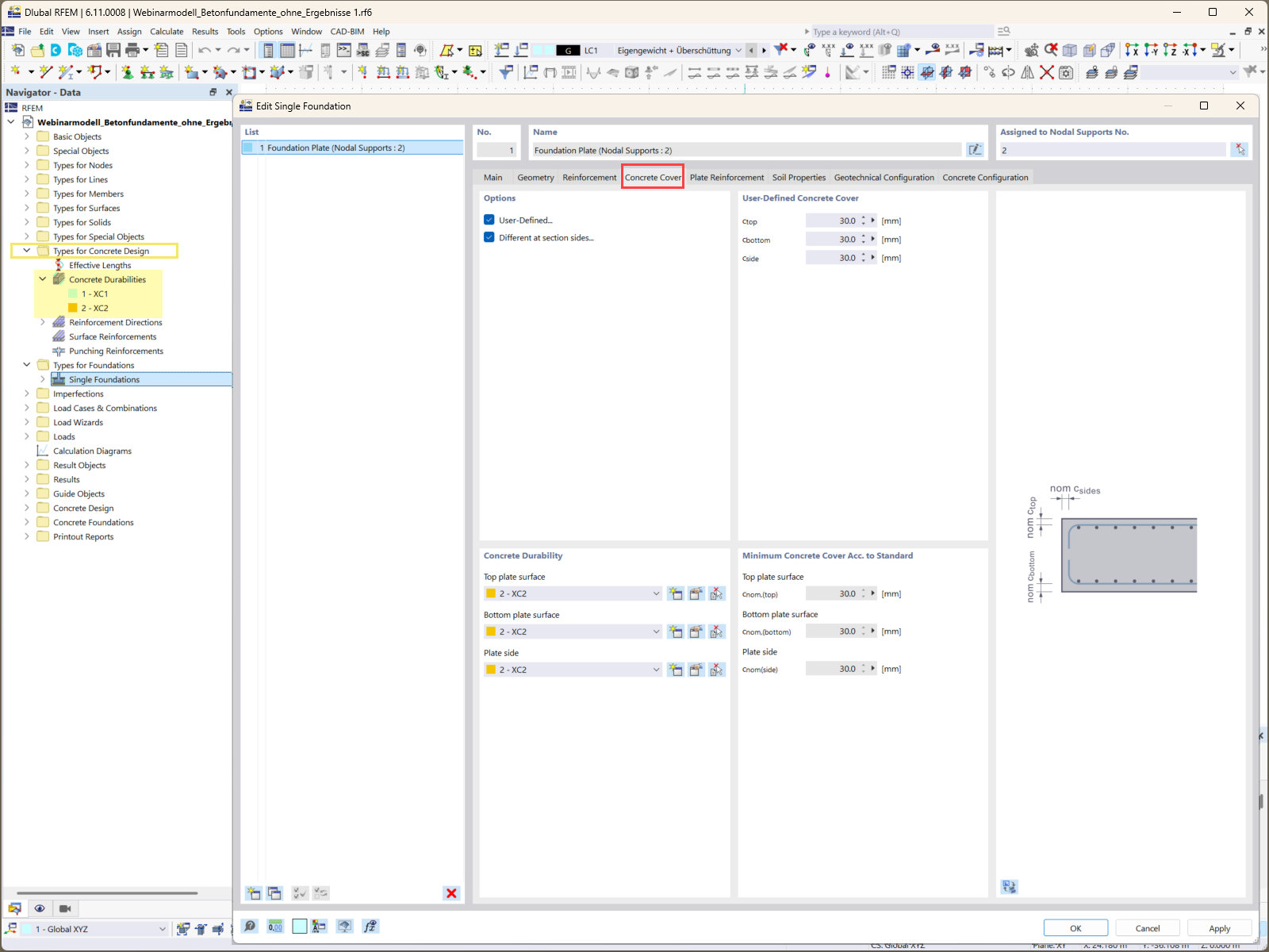 Eingabemaske zur Definition der Betondeckungsparameter in der Fundamentbemessungssoftware.