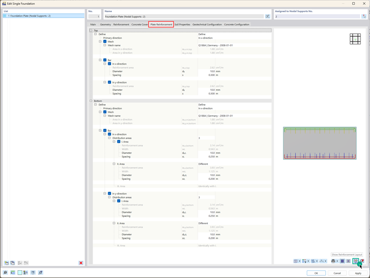 Detaillierung der Bewehrung für eine Fundamentplatte in der Add-On-Anwendung 'Betonfundamente'.