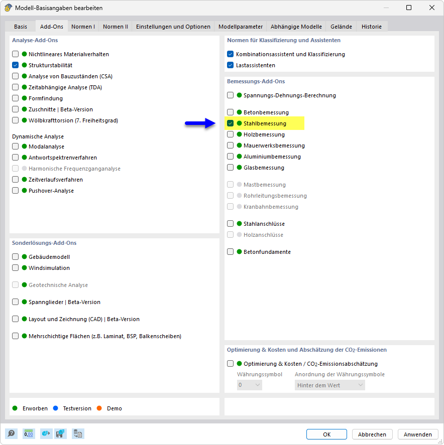 Add-On 'Stahlbemessung' aktivieren