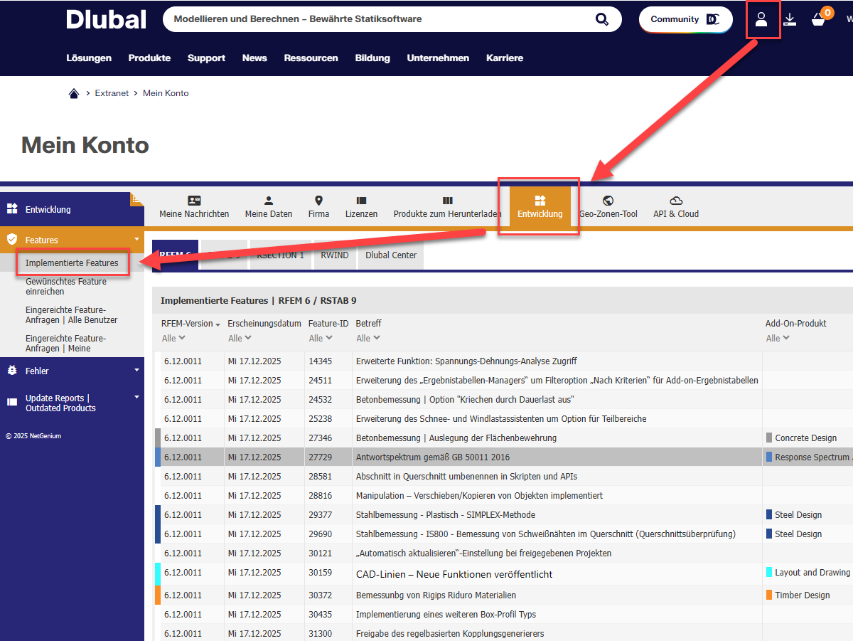 Screenshot der Benutzeroberfläche im ExtraNet mit Highlight neuer Funktionen und Updates.