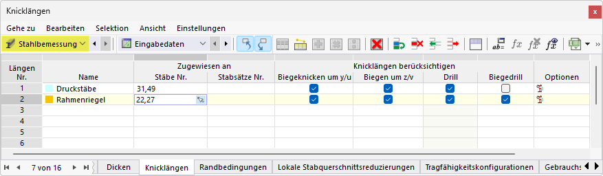 Stab einem Knicklängentyp für Stahlbemessung in Tabelle zuweisen