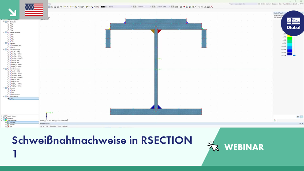 Webinar-Folie mit Schweißnahtnachweisen in RSECTION 1 mit Schwerpunkt auf der Validierung und Verifizierung von Schweißnähten.