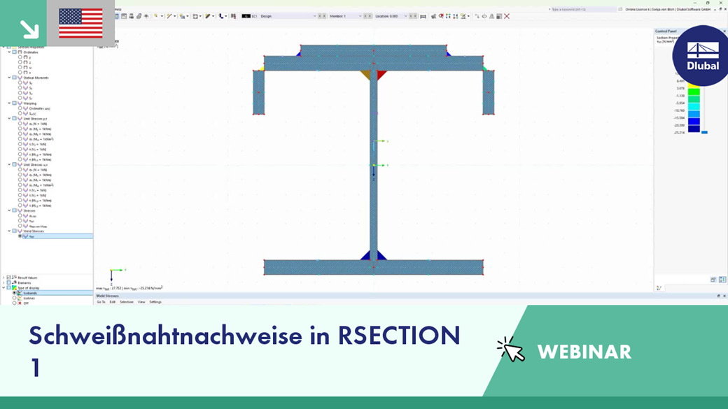 Webinar-Folie mit Schweißnahtnachweisen in RSECTION 1 mit Schwerpunkt auf der Validierung und Verifizierung von Schweißnähten.