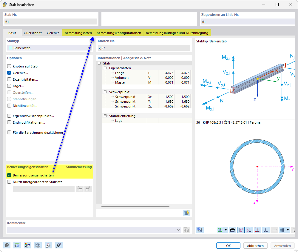 Bemessungseigenschaften eines Stabes aktivieren