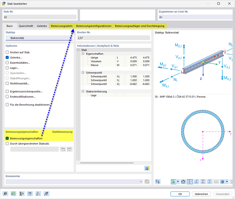 Bemessungseigenschaften eines Stabes aktivieren
