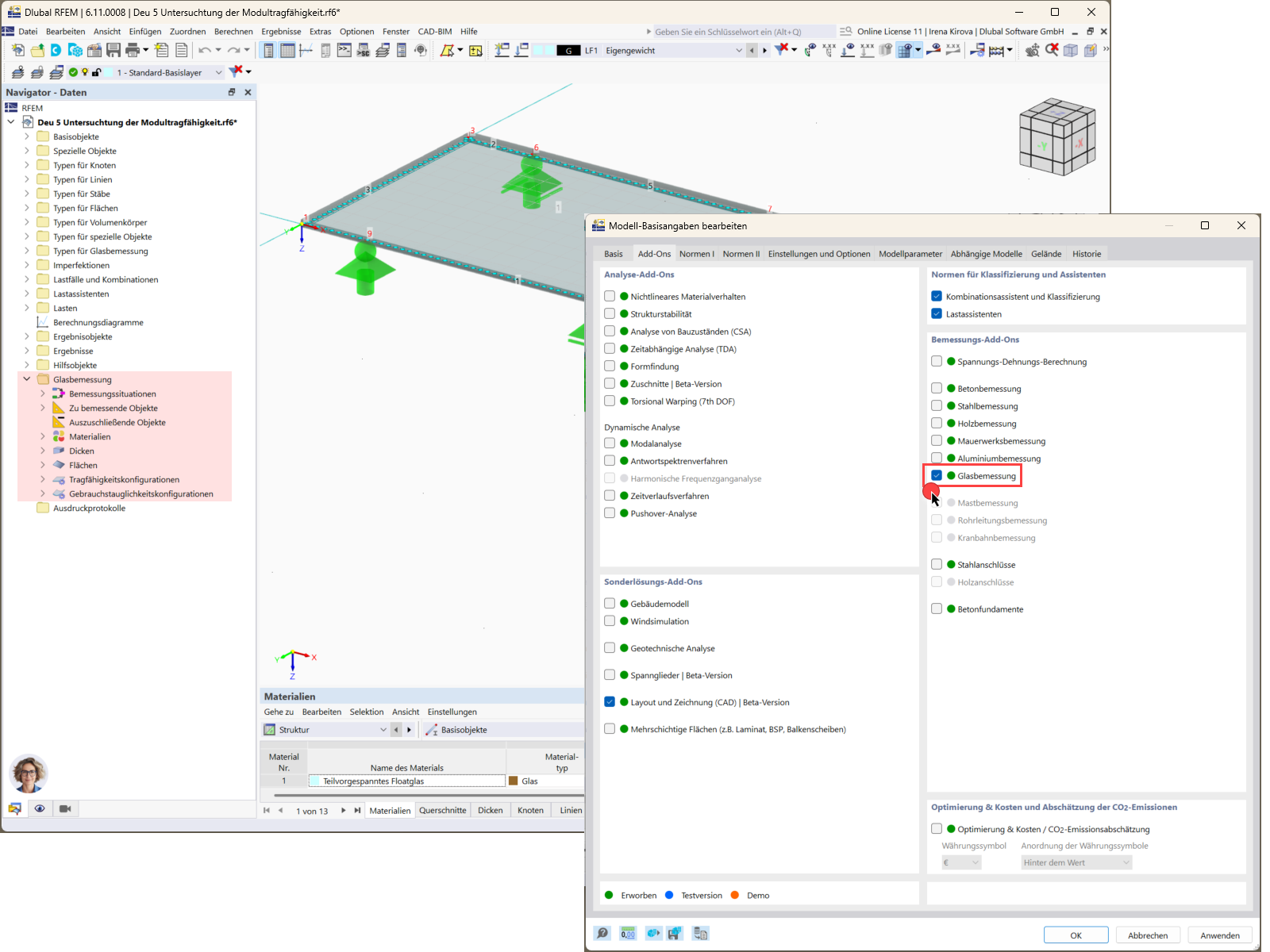 Auf dem Bild wird die Aktivierung des Add-On Glasbemessung in RFEM 6 gezeigt und die Benutzeroberfläche der Software dargestellt.
