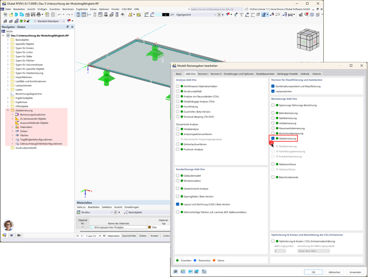 Auf dem Bild wird die Aktivierung des Add-On Glasbemessung in RFEM 6 gezeigt und die Benutzeroberfläche der Software dargestellt.