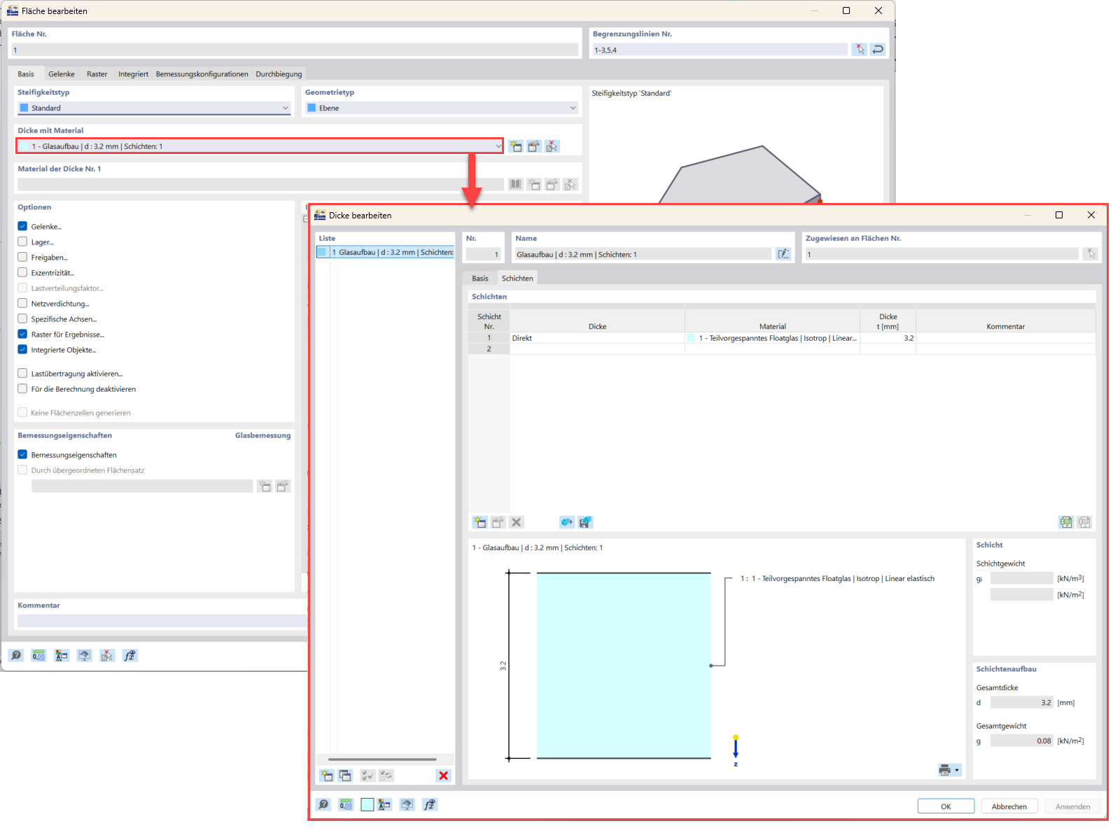 Detaillierte Ansicht einer mit der Simulationssoftware RFEM 6 entwickelten Struktur des Solarpanels aus Glas hebt ihre Anordnung und die Merkmale hervor.