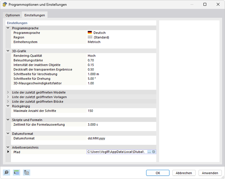 Arbeitsverzeichnis einstellen
