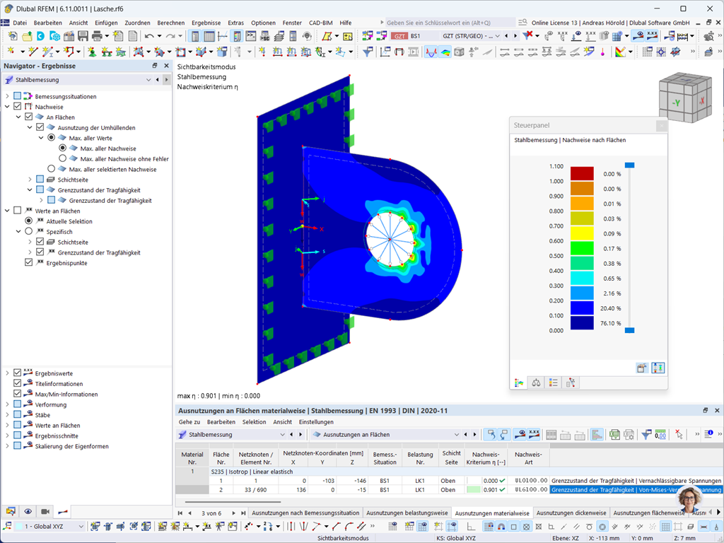 Modellierung und Detailanalyse von Stahlflächen in einer Ingenieursoftwareumgebung.
