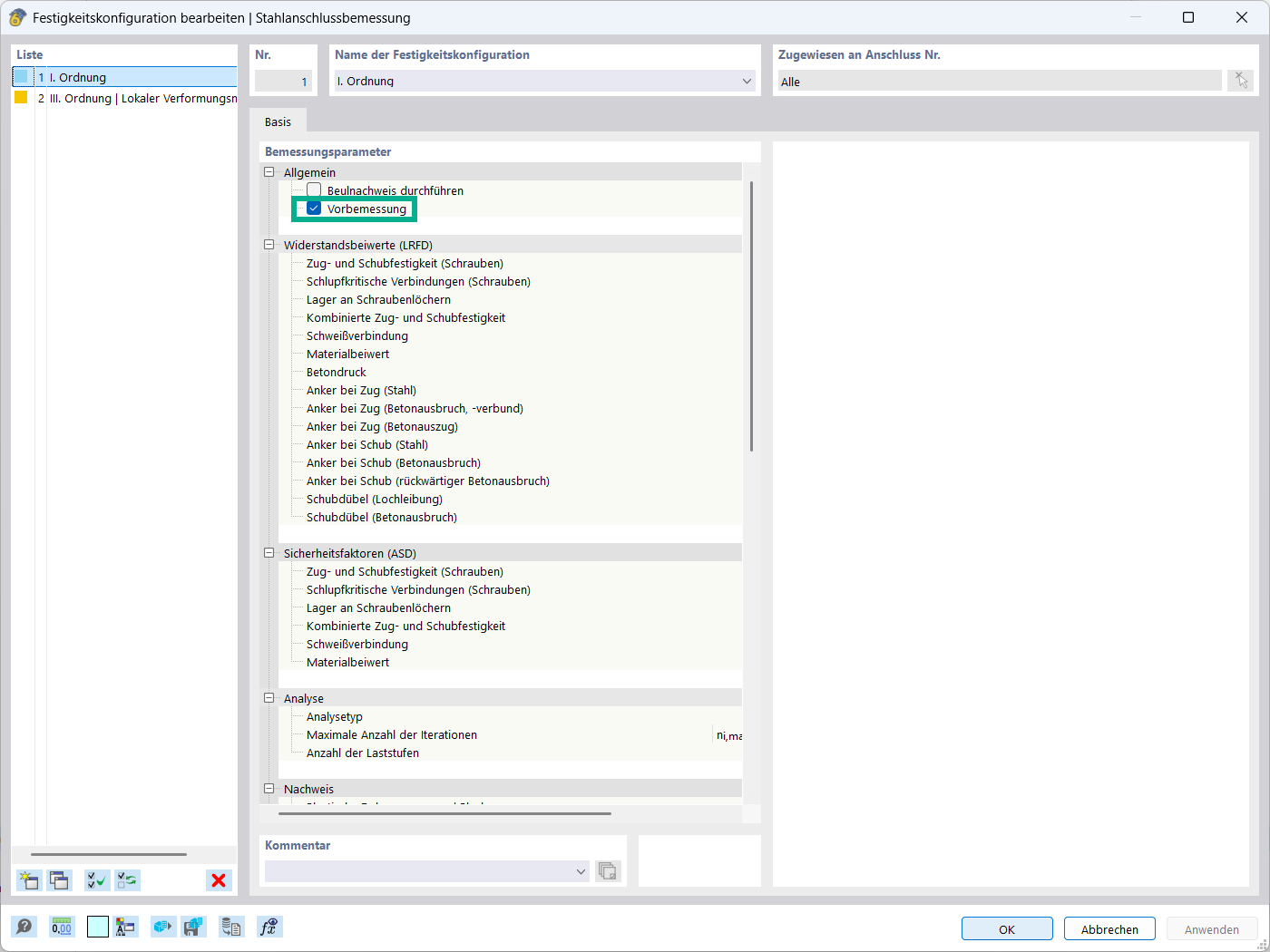 Option Vorbemessung für Stahlanschluss in der Festigkeitskonfiguration im Detail erläutert.