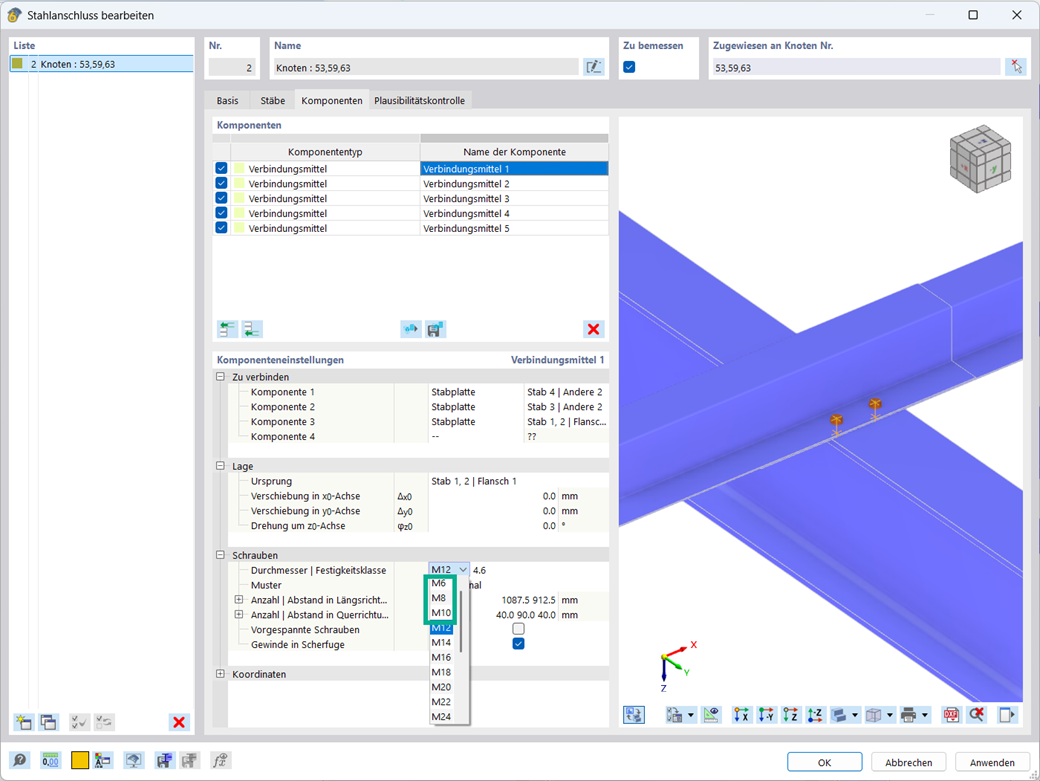 Erweiterte Schraubendurchmesser im Add-On Stahlanschlüsse, M6 bis M64 verfügbar.