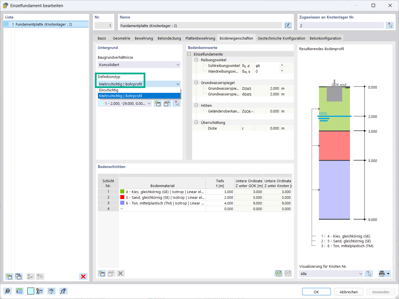 Definition der Bodeneigenschaften mit Mehrschichttyp und Bohrprofil im Betonfundament-Add-On.