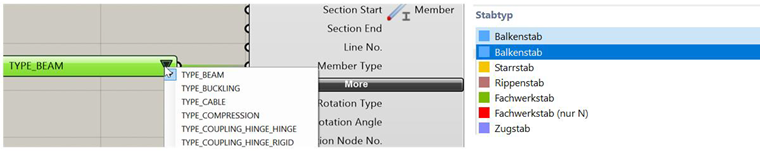 Definition des Stabtyps in Grasshopper (links) und RFEM 6 (rechts)