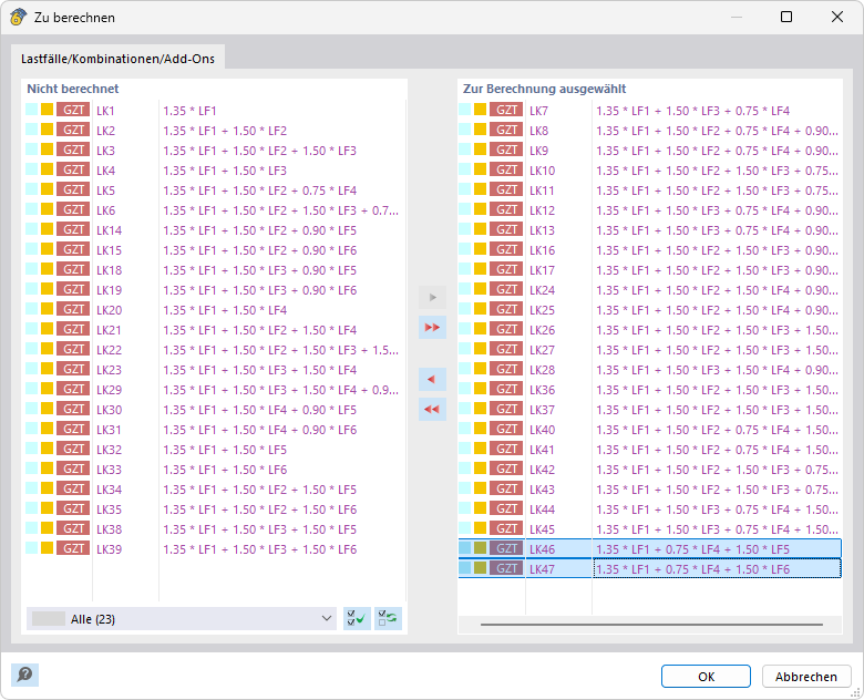 Lastkombinationen der Bemessungssituation auswählen
