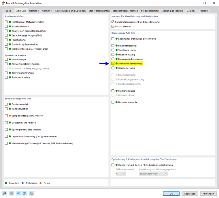 Add-On 'Aluminiumbemessung' aktivieren