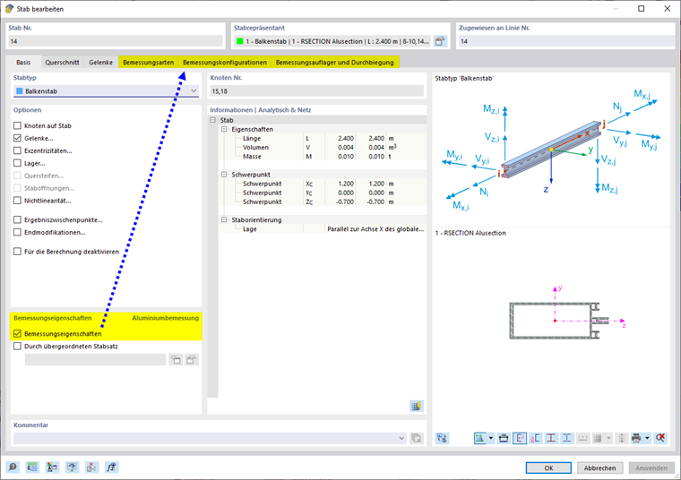 Bemessungseigenschaften eines Stabes aktivieren