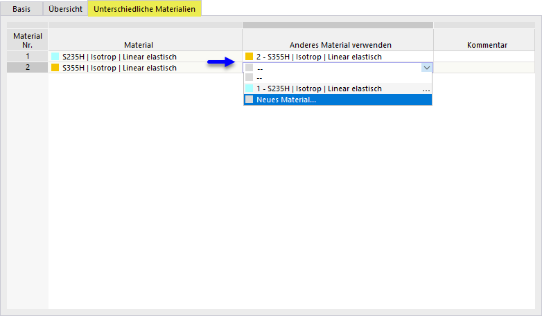 Anderes Material für Bemessungssituation verwenden