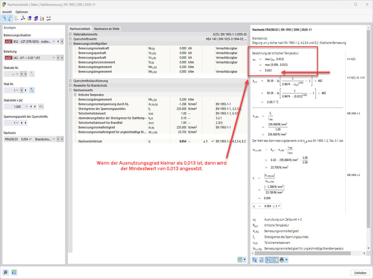 Das Bild zeigt die Überprüfung des Mindestwertes des Ausnutzungsgrades in RFEM 6 - Add-On Stahlbemessung, Brandschutzkonfiguration für die kritische Bauteiltemperatur.