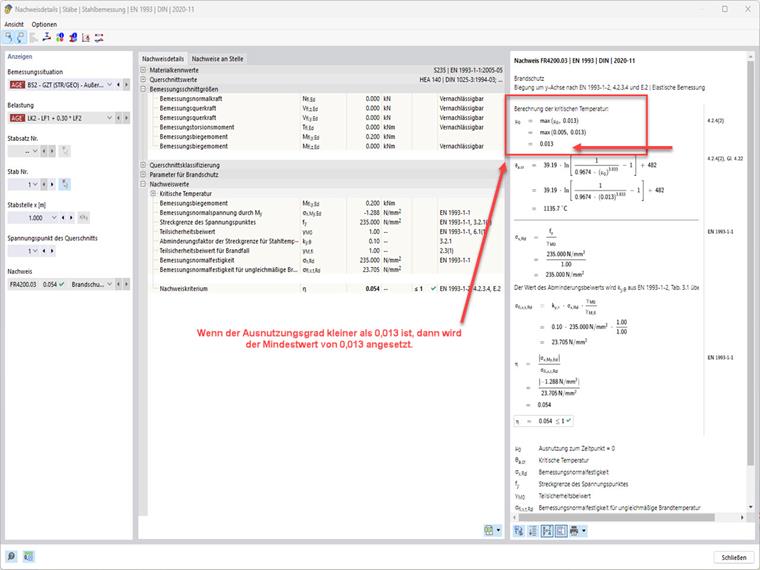 Das Bild zeigt die Überprüfung des Mindestwertes des Ausnutzungsgrades in RFEM 6 - Add-On Stahlbemessung, Brandschutzkonfiguration für die kritische Bauteiltemperatur.