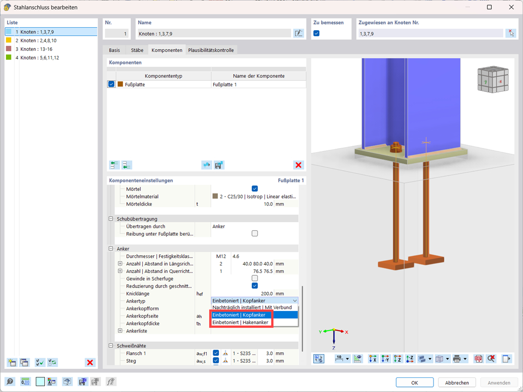 Detailansicht eines einbetonierten Hakenankers und Kopfankers für Stahlverbindungen.