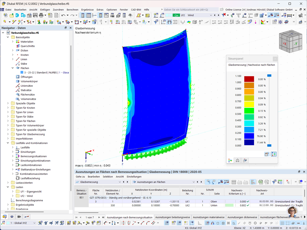 Visualisierung einer NURBS-Fläche mit Schwerpunkt auf Glasbemessung in RFEM.