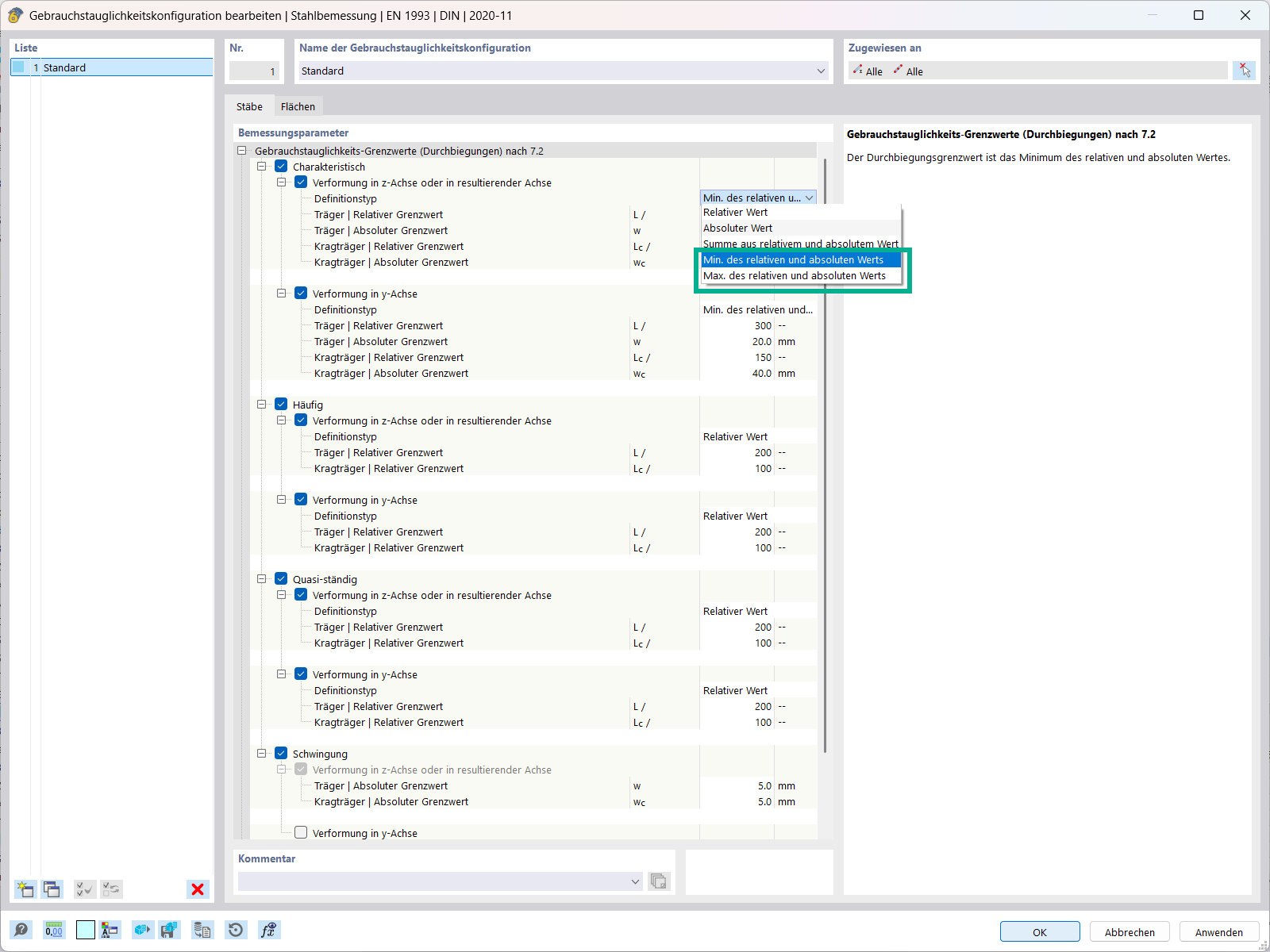 Konfigurationsoptionen zur Verwendung von relativen und absoluten Extremwerten in der Gebrauchstauglichkeit.