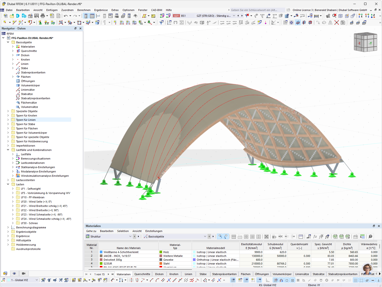 RFEM-Berechnungsmodell eines Holzpavillons mit eindrucksvoller Membranüberdachung.